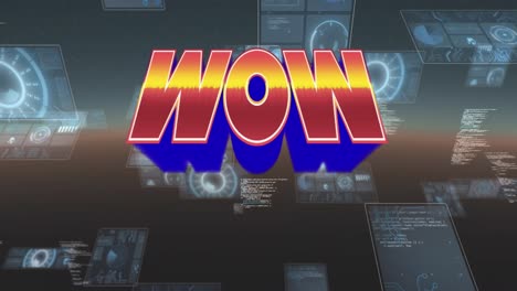 Animation-of-wow-in-digital-abstract-space-with-screens