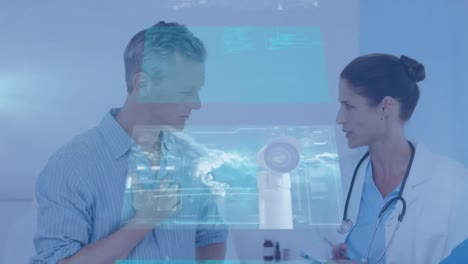 Animation-of-digital-screens-over-caucasian-female-doctor-talking-with-patient