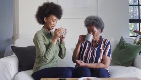 African-american-adult-daughter-and-senior-mother-talking-and-drinking-coffee-at-home,-slow-motion