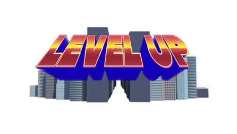 Animation-of-level-up-text-over-cityscape-on-white-background