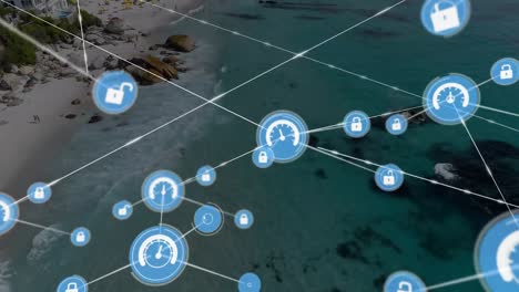 Animation-of-network-of-connections-with-icons-over-sea-view