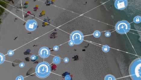 Animation-of-network-of-connections-with-icons-over-beach-view