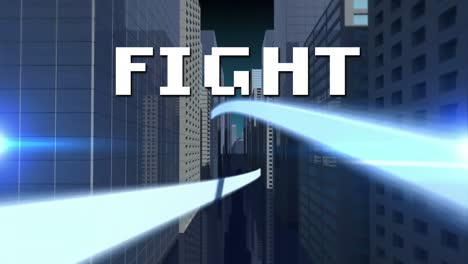 Animation-of-fight-text-in-white-letters-over-cityscape-on-blue-background