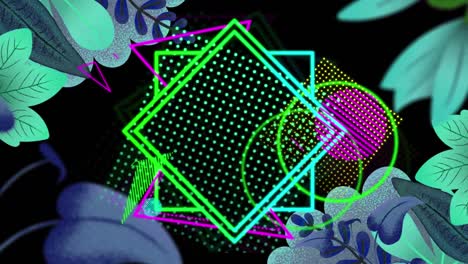 Animation-of-colorful-geometrical-shapes-and-leaves-on-black-background