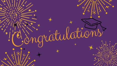 Animation-of-fireworks-and-congratulations-on-purple-background