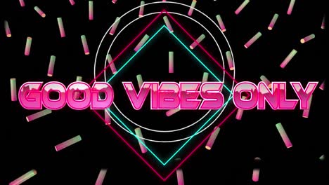 Animation-of-good-vibes-only-over-geometrical-shapes-and-colorful-rollers-on-black-background