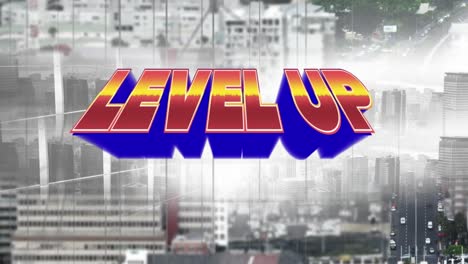 Animation-of-level-up-text-in-red-letters-over-cityscape-background