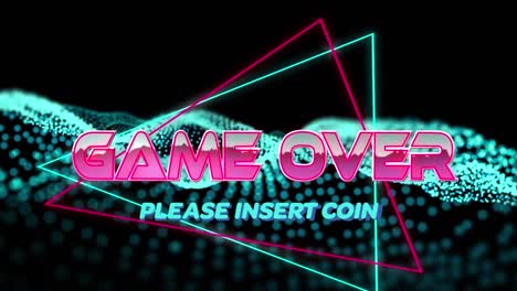 Animation-of-game-over-text-over-geometrical-moving-shapes-and-blue-wave