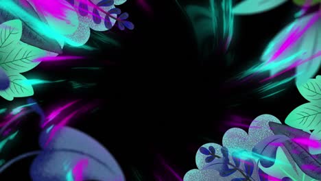 Animation-of-colorful-leaves-and-lights-on-black-background