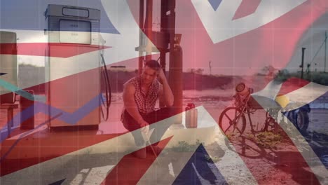 Animation-Des-Schwenkens-Der-Britischen-Flagge-über-Einer-Tankstelle