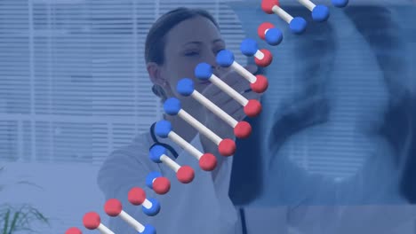 Animation-of-dna-strand-over-caucasian-female-doctor-holding-xray
