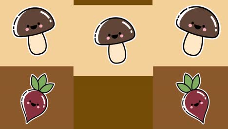 Animation-of-beet-and-mushrooms-icons-on-brown-background