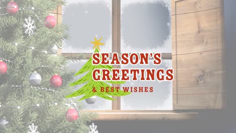 Animation-Von-Weihnachtsgrüßen-Und-Besten-Wünschen,-Weihnachtstext-Mit-Baum-über-Winterlich-Verschneitem-Fenster