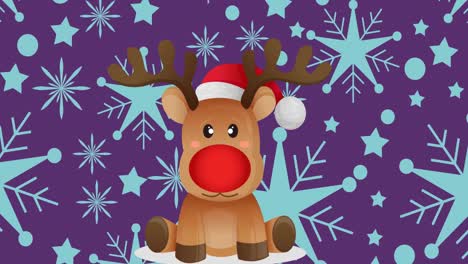Animation-of-christmas-decoration-with-reindeer-and-blue-snowflakes-over-purple-background
