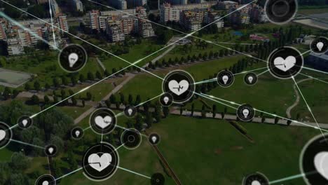 Animation-Eines-Netzwerks-Von-Verbindungen-Mit-Symbolen-über-Dem-Stadtbild