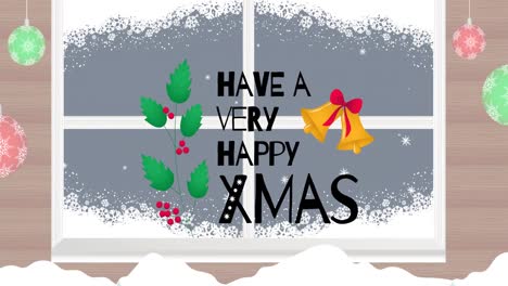 Animation-of-have-a-very-happy-xmas-christmas-text-with-bells-over-winter-snowy-window