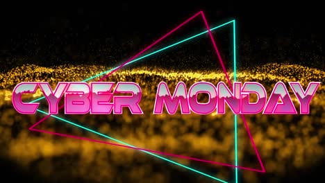 Animation-of-cyber-monday-over-geometrical-moving-shapes-and-wave