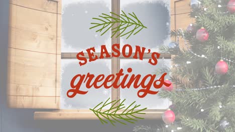 Animation-of-seasons-greetings-christmas-text-and-tree-over-winter-snowy-window