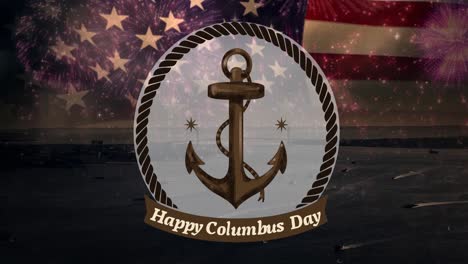 Animation-of-anchor-in-circle-and-happy-columbus-day-over-flag-of-united-states-of-america