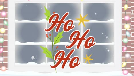Animation-of-ho-ho-ho-christmas-text-and-holy-over-winter-snowy-window