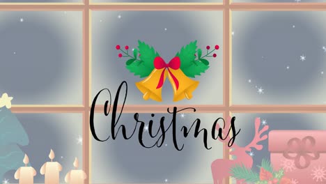 Animation-of-christmas-text-with-bells-over-winter-snowy-window