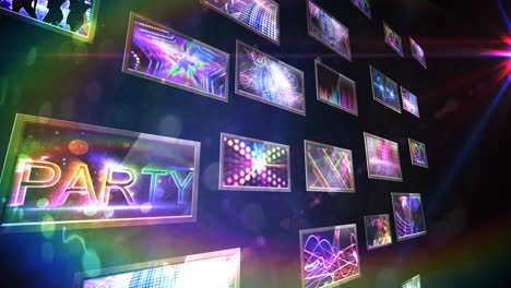 Composition-of-screens-with-colorful-texts-and-disco-light-effects-on-black-background