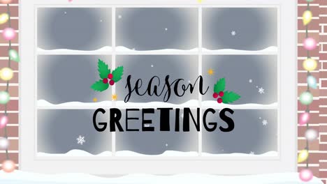 Animation-of-season-greetings-christmas-text-over-winter-snowy-window