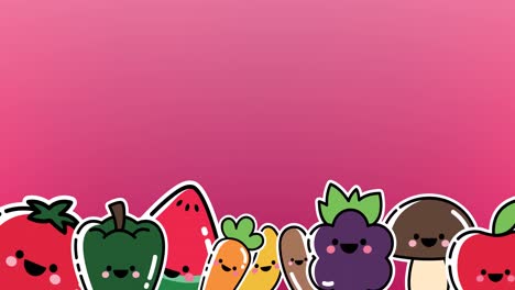 Animation-of-multiple-vegetables-and-fruits-icons-on-purple-background