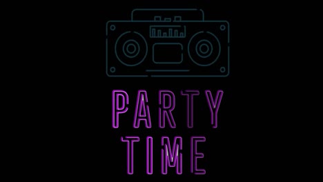 Animation-of-neon-party-time-text-over-dark-background