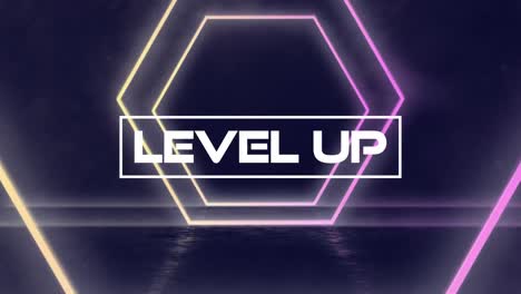 Animation-of-level-up-text-over-geometrical-moving-shapes