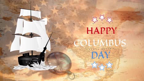 Animation-of-vintage-ship-and-happy-columbus-day-over-vintage-map,-compass-and-usa-flag