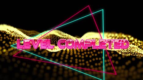 Animation-of-level-completed-text-over-geometrical-moving-shapes-and-wave