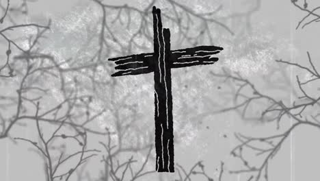 Animation-of-halloween-cross-over-branches-on-grey-background