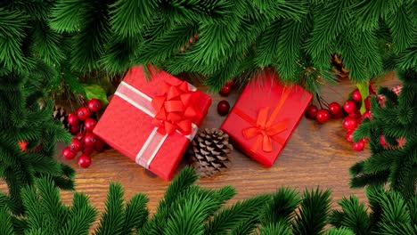 Animation-of-christmas-fir-tree-frame-over-presents-on-wooden-background