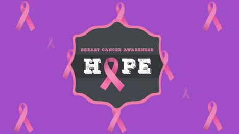 Animation-of-breast-cancer-awareness-text-with-pink-ribbon-on-purple-background