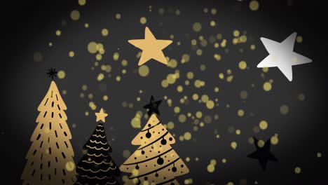 Animation-of-golden-dots-and-stars-over-christmas-tree-on-dark-grey-background