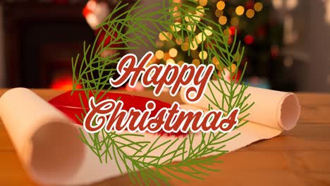 Animation-of-happy-christmas-text-over-christmas-decorations-in-background