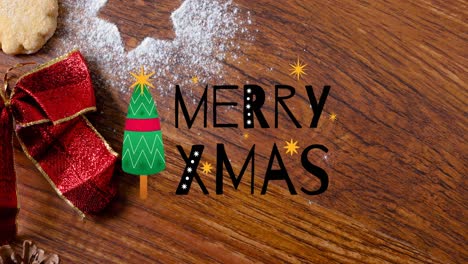 Animation-of-merry-xmas-christmas-text-and-decorations-on-wooden-background