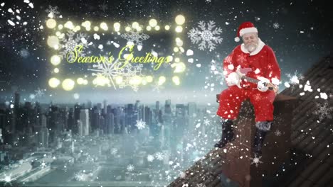 Animation-of-santa-claus-with-guitar,-seasons-greeting-christmas-text-and-snow-falling-over-city