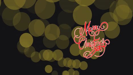 Digital-animation-of-merry-christmas-text-banner-against-yellow-spots-floating-on-black-background
