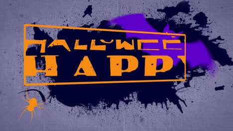 Animation-of-happy-halloween-text-and-spider-over-blue-background