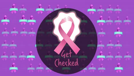 Animation-of-get-checked-text-with-pink-ribbon-on-purple-background