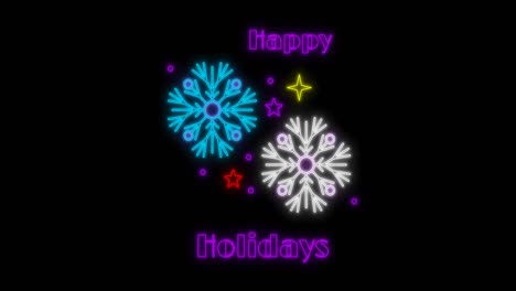 Animation-Von-Frohen-Feiertagen,-Weihnachtlichem-Neontext-Und-Schneeflocken-Auf-Schwarzem-Hintergrund
