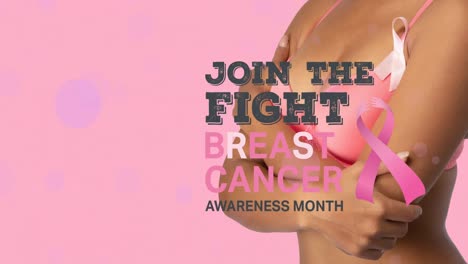 Animation-of-breast-cancer-awareness-text-over-african-american-woman-on-pink-background