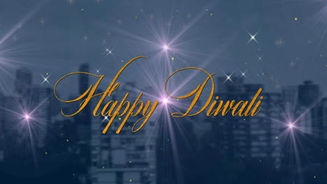 Animation-of-happy-diwali-over-fireworks-on-city-in-background