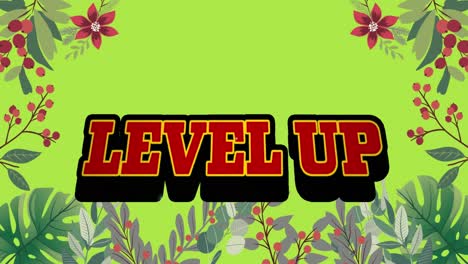 Animation-of-level-up-on-green-background-with-flowers