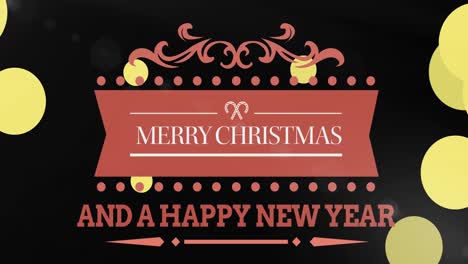 Merry-christmas-and-happy-new-year-text-banner-against-yellow-spots-floating-on-black-background