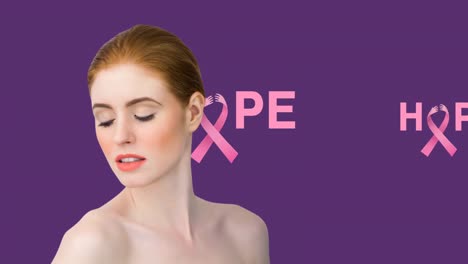 Animation-of-hope-text-over-caucasian-woman-with-eyes-closed-on-purple-background