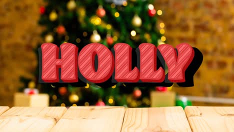Animation-of-christmas-holly-text-over-christmas-tree