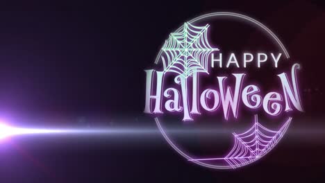 Animation-of-happy-halloween-and-spiders-web-over-light-and-purple-background